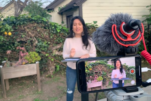 Inés pre-recording a sermon for La Fuente Ministries