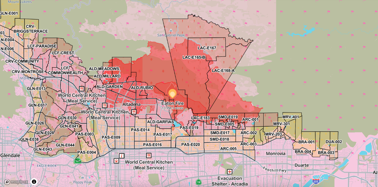 Watch Duty app map of Eaton fire in Altadena, CA